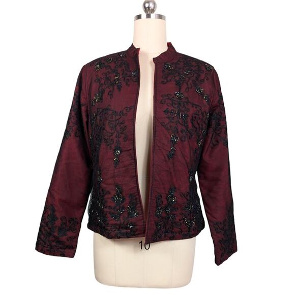 Vintage Jacket Topper Blazer L Red Cardigan Y2K Goth Mesh Bead Floral Black - Picture 1 of 15